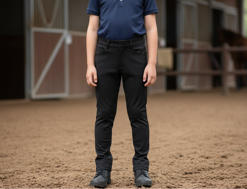 Person wearing equestrian pants standing in a stable with a horse in the background
